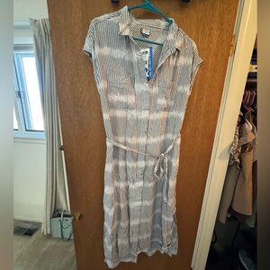 Kavu Navy & White Striped Midi Shirt Dress with Tie Waist